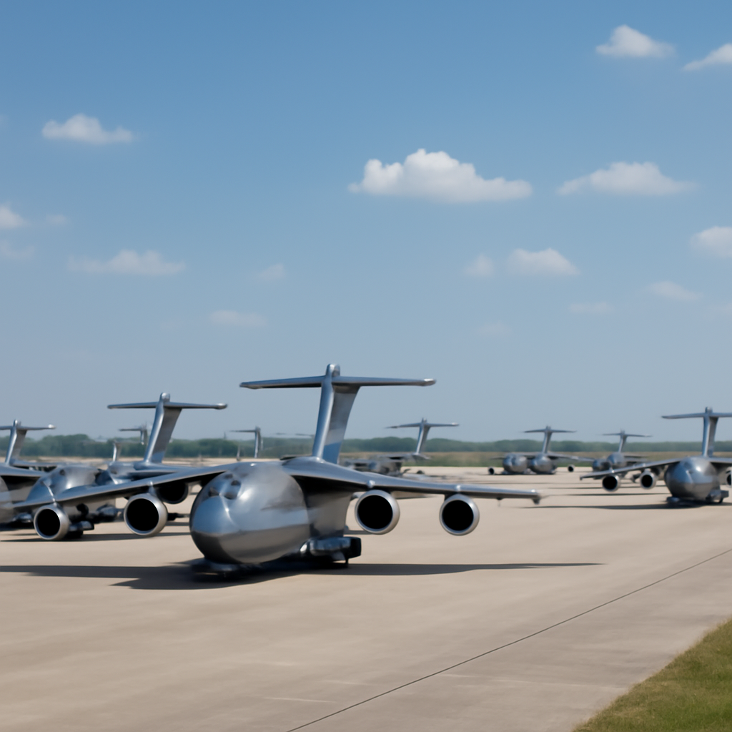 Multiple Y-20B transport aircraft with WS-20 engine intakes parked on a tarmac against a clear blue sky.