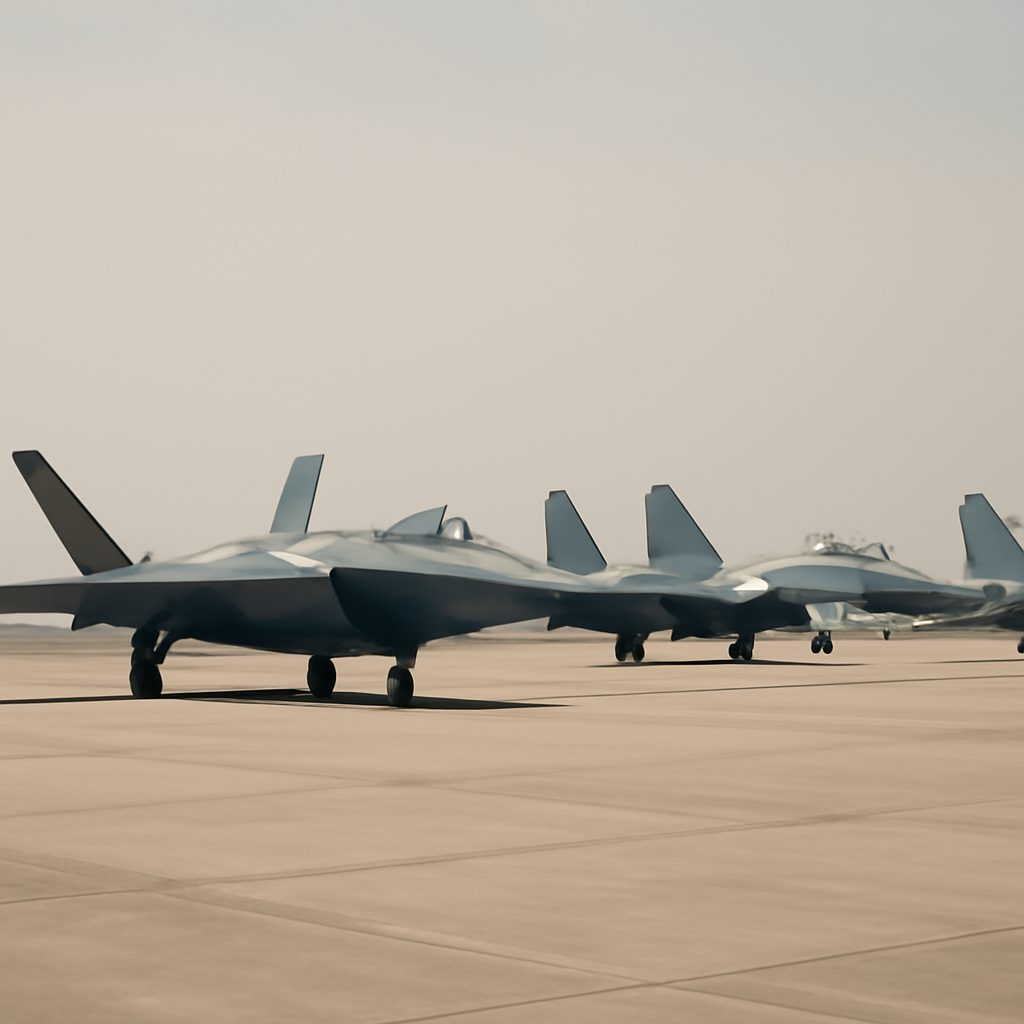 Chinese fighter jets, including J-20 and J-16 models, parked on a tarmac under bright daylight.