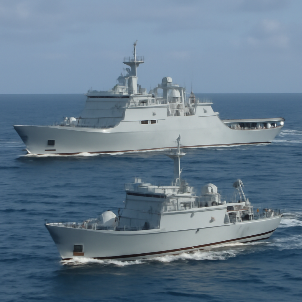 Two naval ships positioned at sea with a degaussing vessel on either side of a landing ship under a blue-gray sky and ocean.