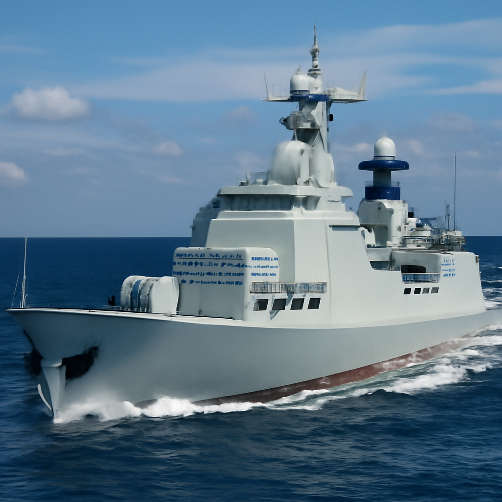 Chinese warship underway at sea with upgraded forward superstructure and air-defense launchers.