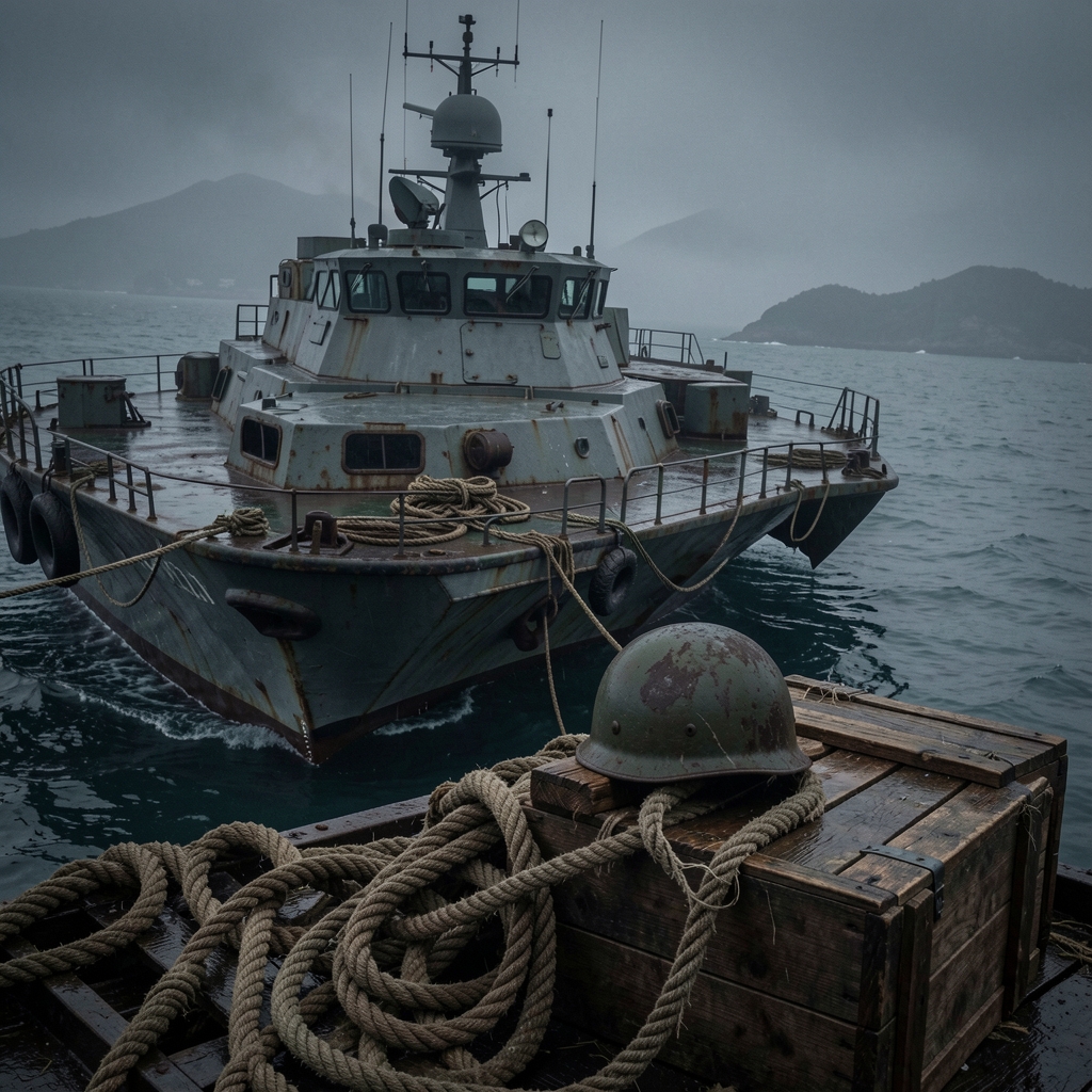 A rugged landing ship tank emerges from misty South China Sea waters, showing signs of age and use.