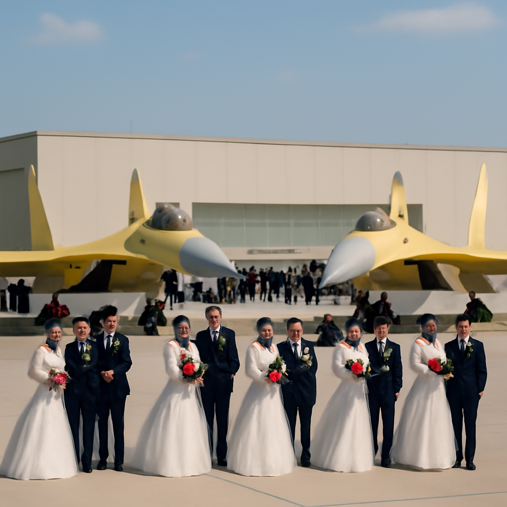 Chinese military personnel stand behind two J-15T fighter jets at a group wedding ceremony on a tarmac.