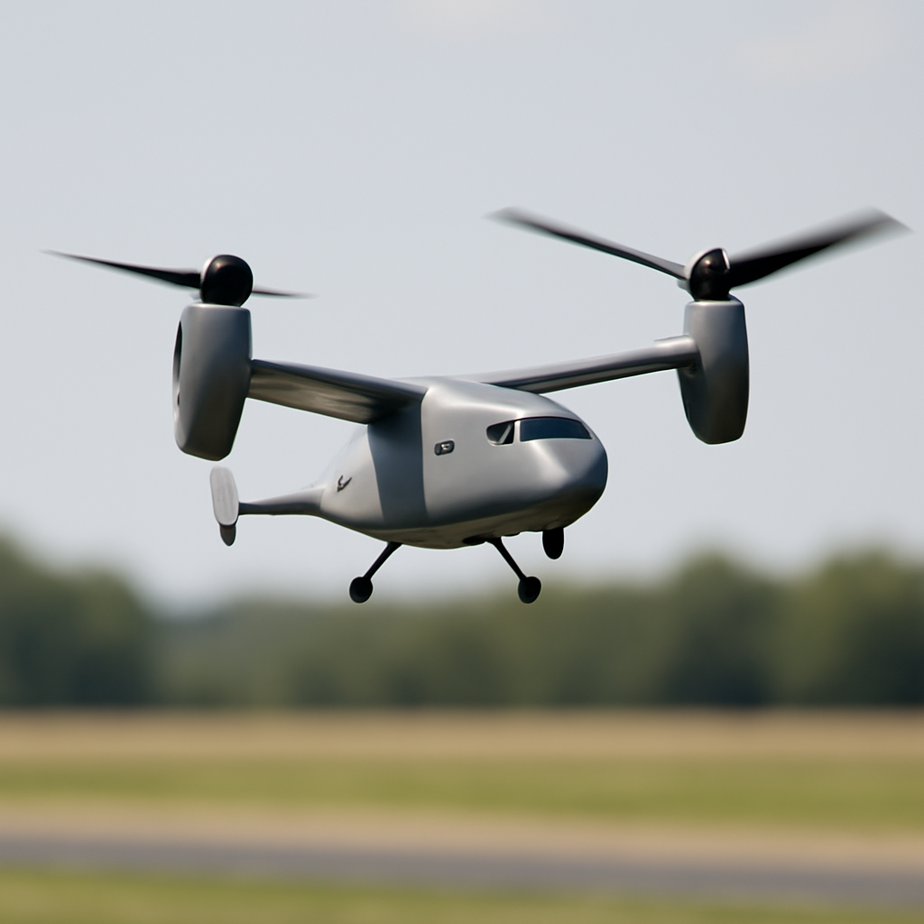 Tiltrotor drone in mid-air, proprotors tilted, flying over a blurred testing range.