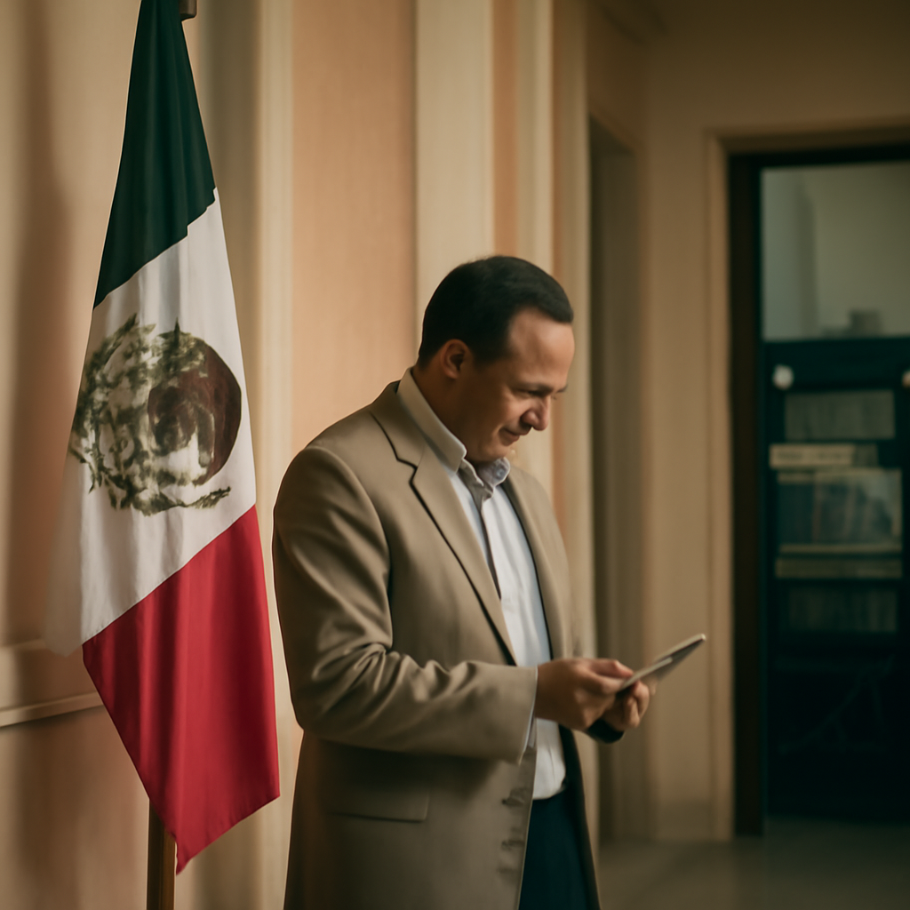 A person stands in front of a government building with network equipment visible in the background.