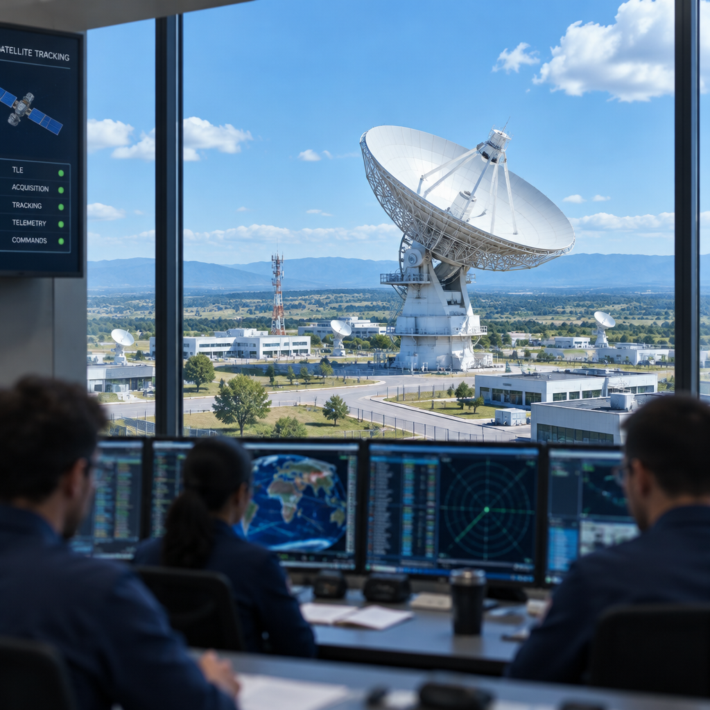 Technicians work at a control station with a large satellite dish antenna surrounded by buildings.