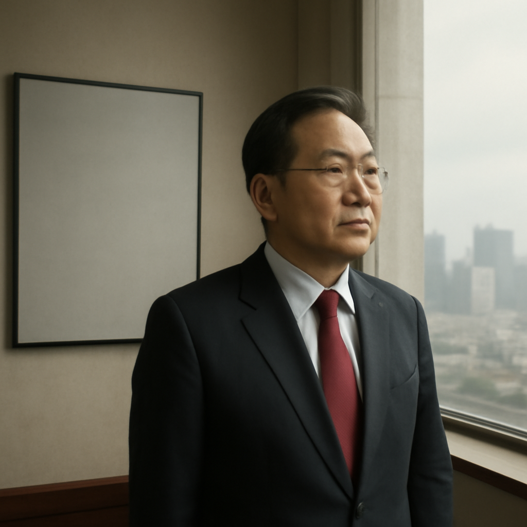 Chinese official stands by window with city view, beside empty display screen.