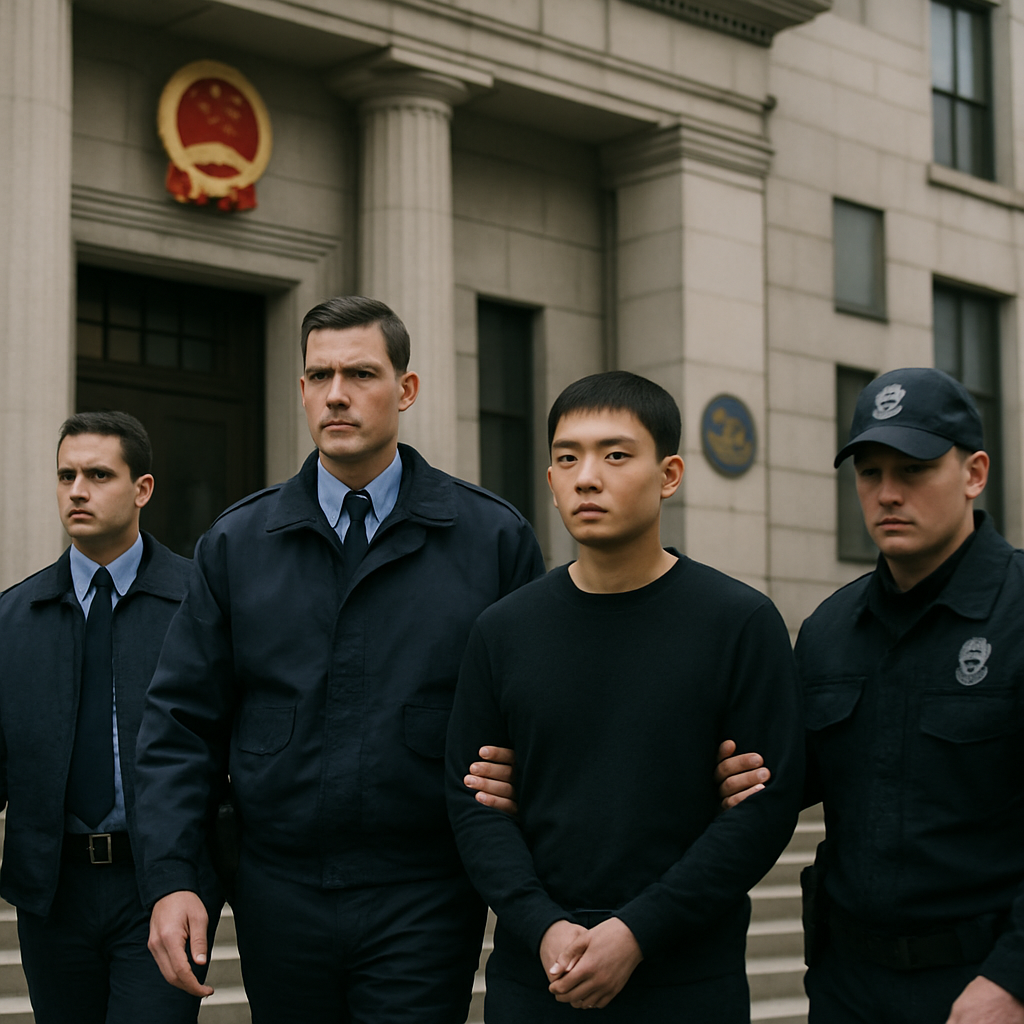 Formal courthouse scene with stern atmosphere, blurred figures in background.