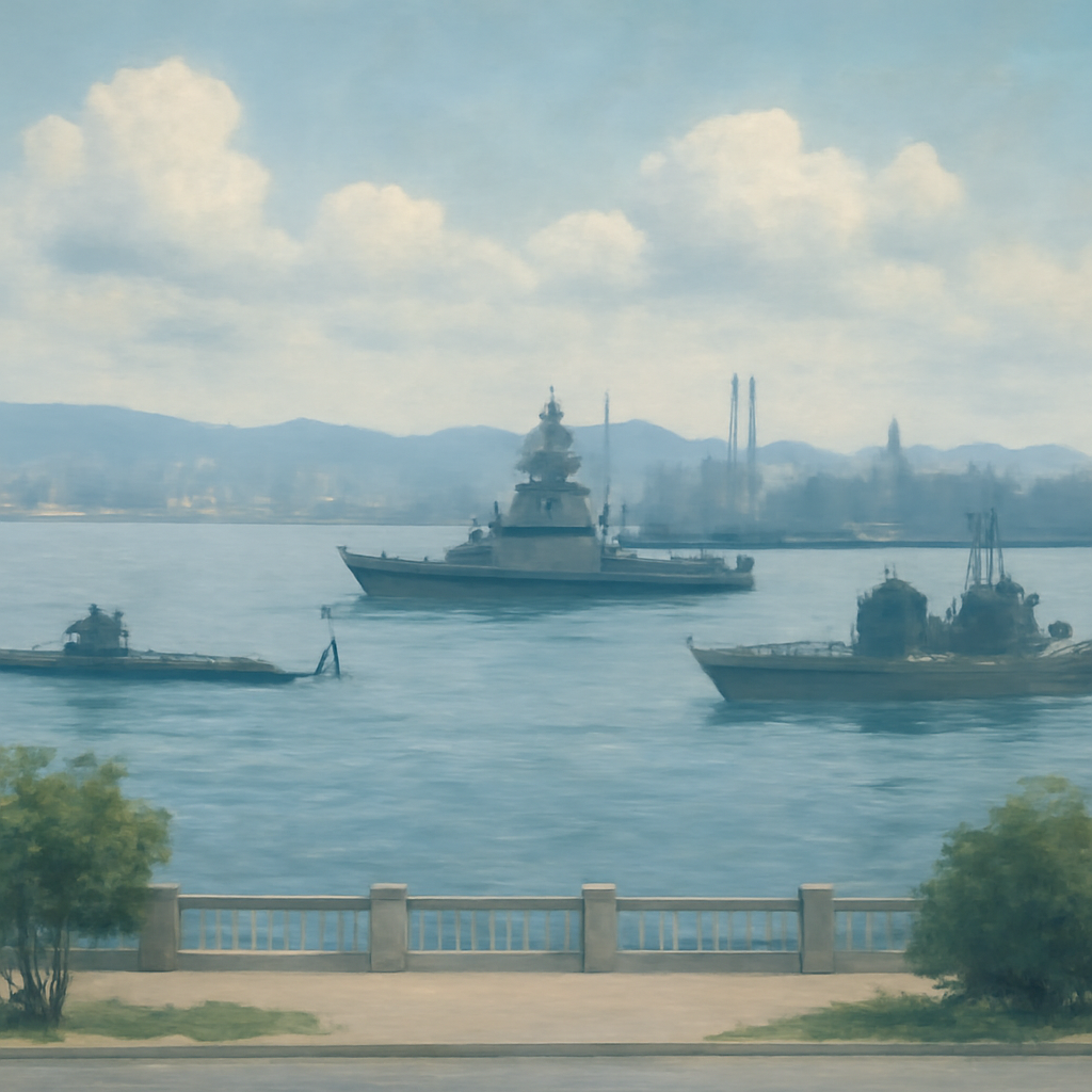 Serene coastal cityscape with naval base, ships, and industrial infrastructure.