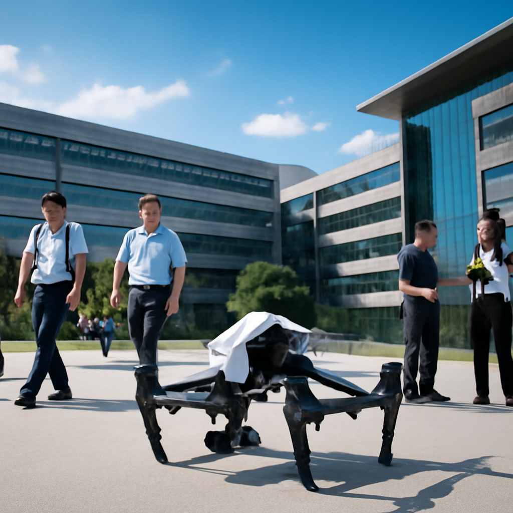 Modern Chinese tech facility with sleek building and people in business casual attire.