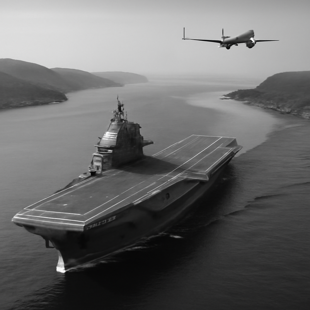Aircraft carrier transits narrow strait under surveillance.