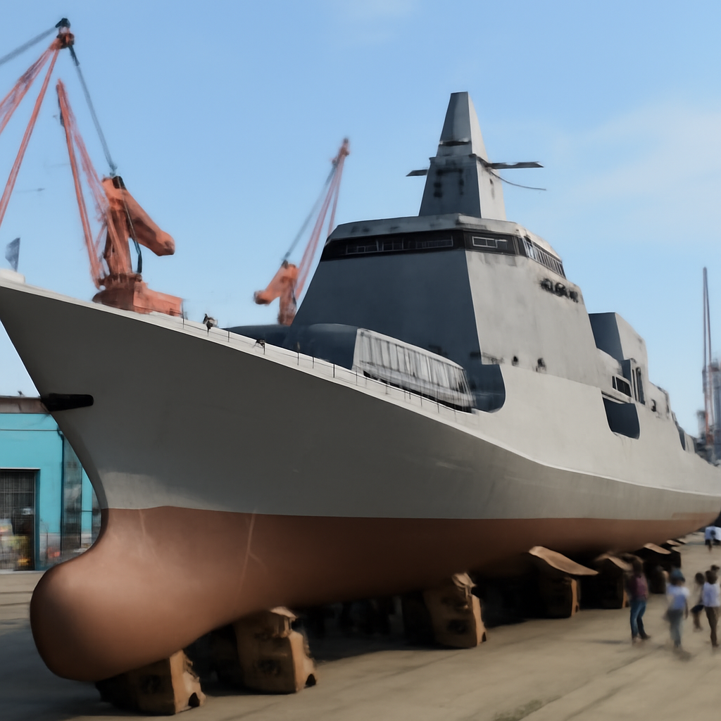 Partially completed Type 054B frigate hull at a shipyard with visible vertical launch system cells.