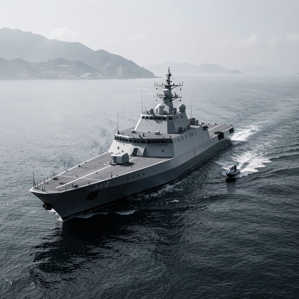 Sleek amphibious warship emerges from misty sea with Chinese coastline in background.
