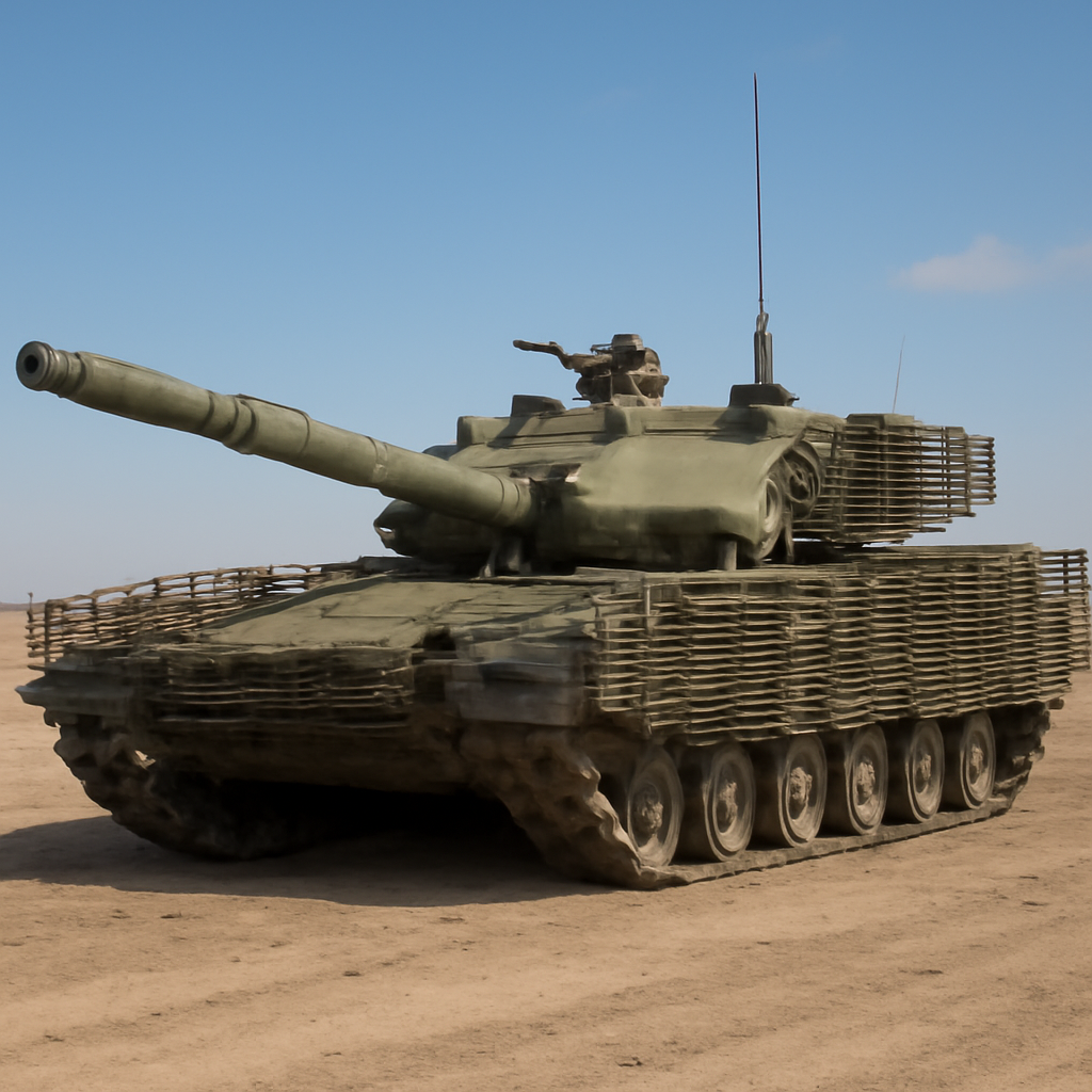 Type 99 main battle tank with upgraded armor and Cope Cages on display in open terrain.