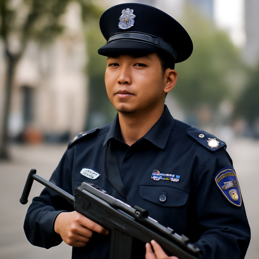 Chinese police officer holds Type 79 submachine gun in urban setting.