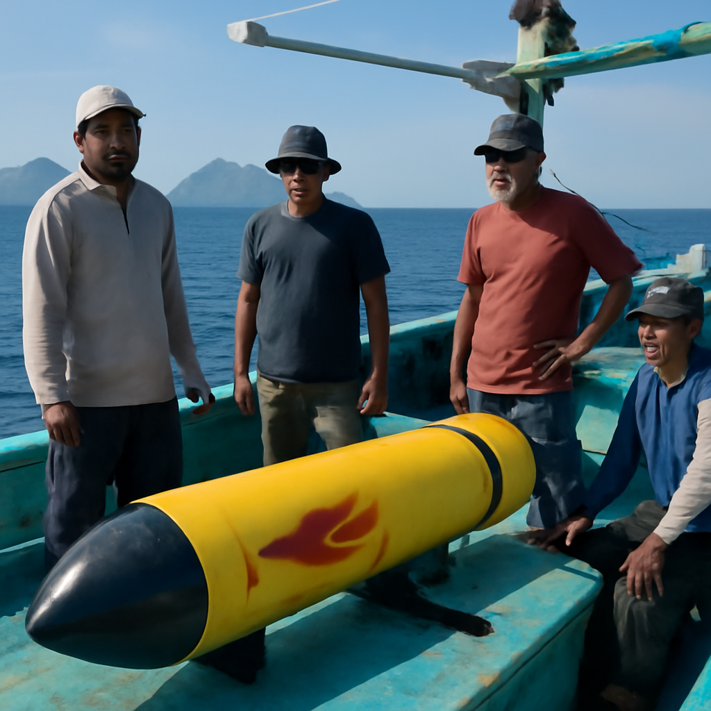 Fishermen surround a recovered torpedo-shaped device on a boat in Lombok Strait.