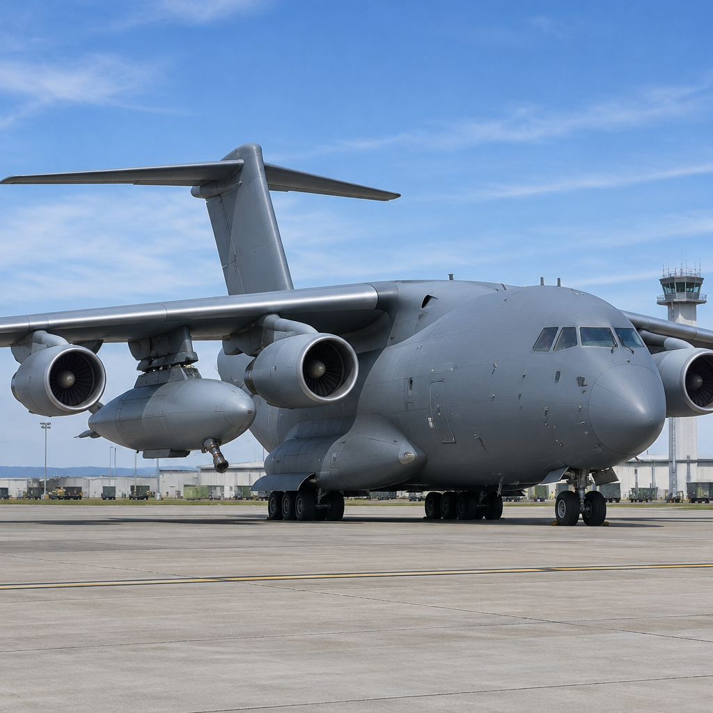Chinese Y-20 airlifter with modular refueling pod under wing on a runway against a clear blue sky.