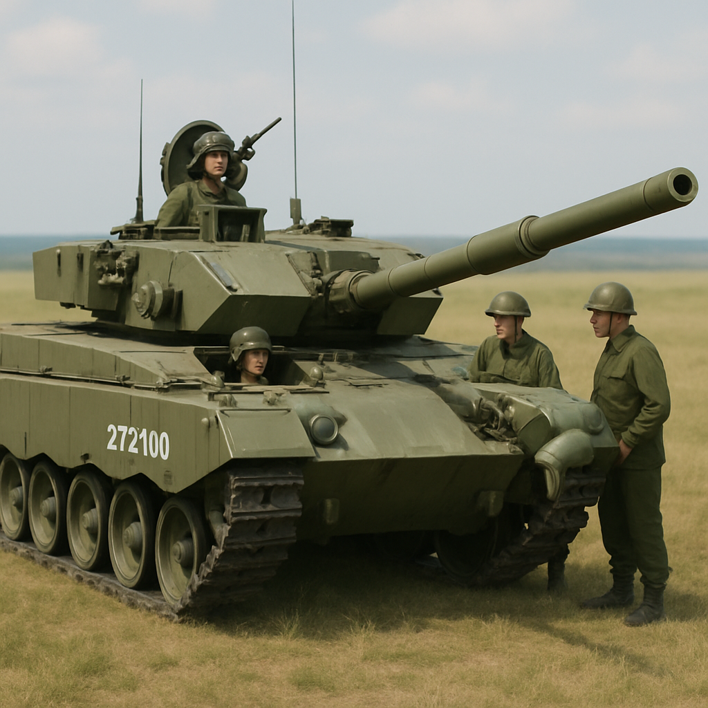 ZTZ100 main battle tank with three military personnel in a field setting.