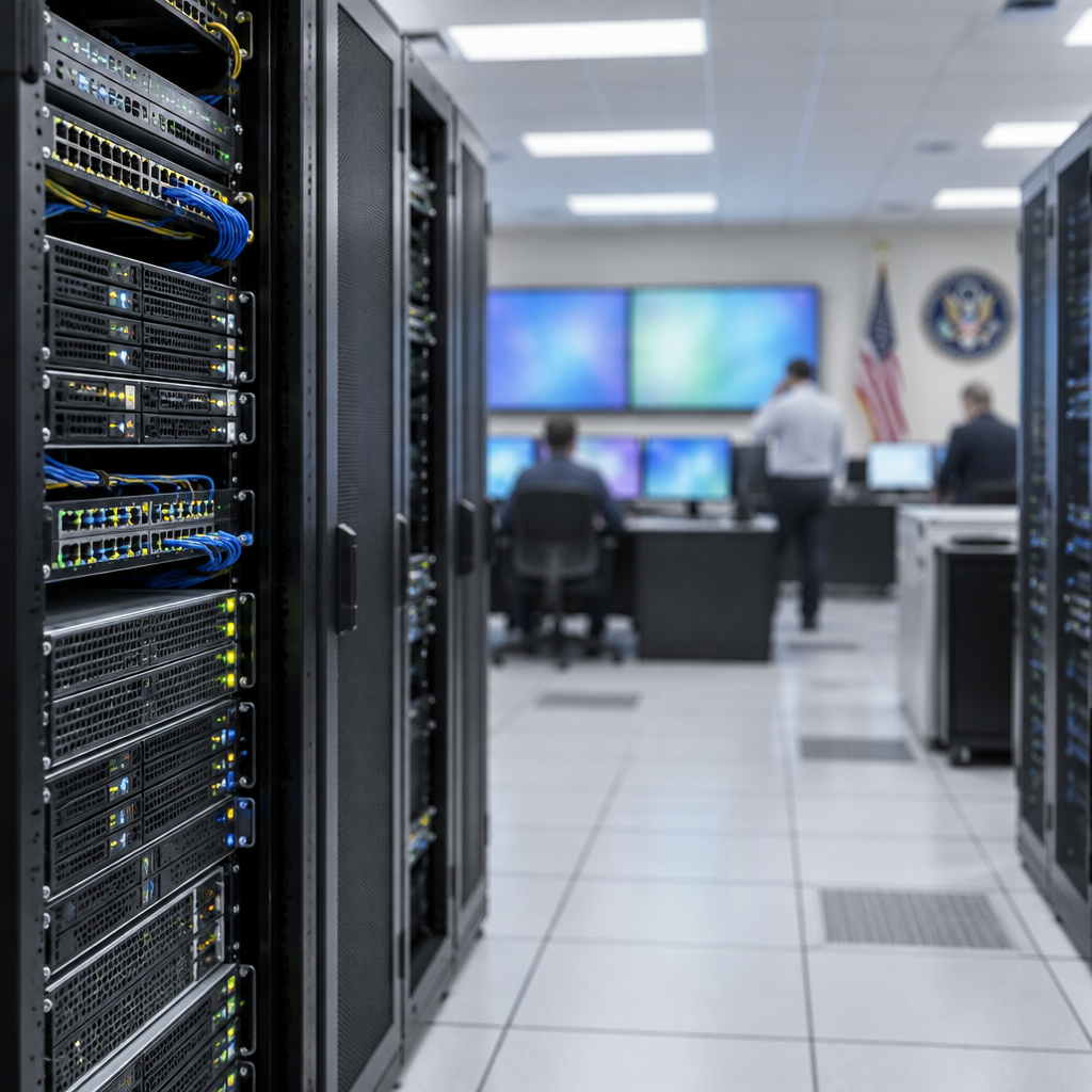 US government network operations room with concerned technicians amidst rows of computer servers and equipment.