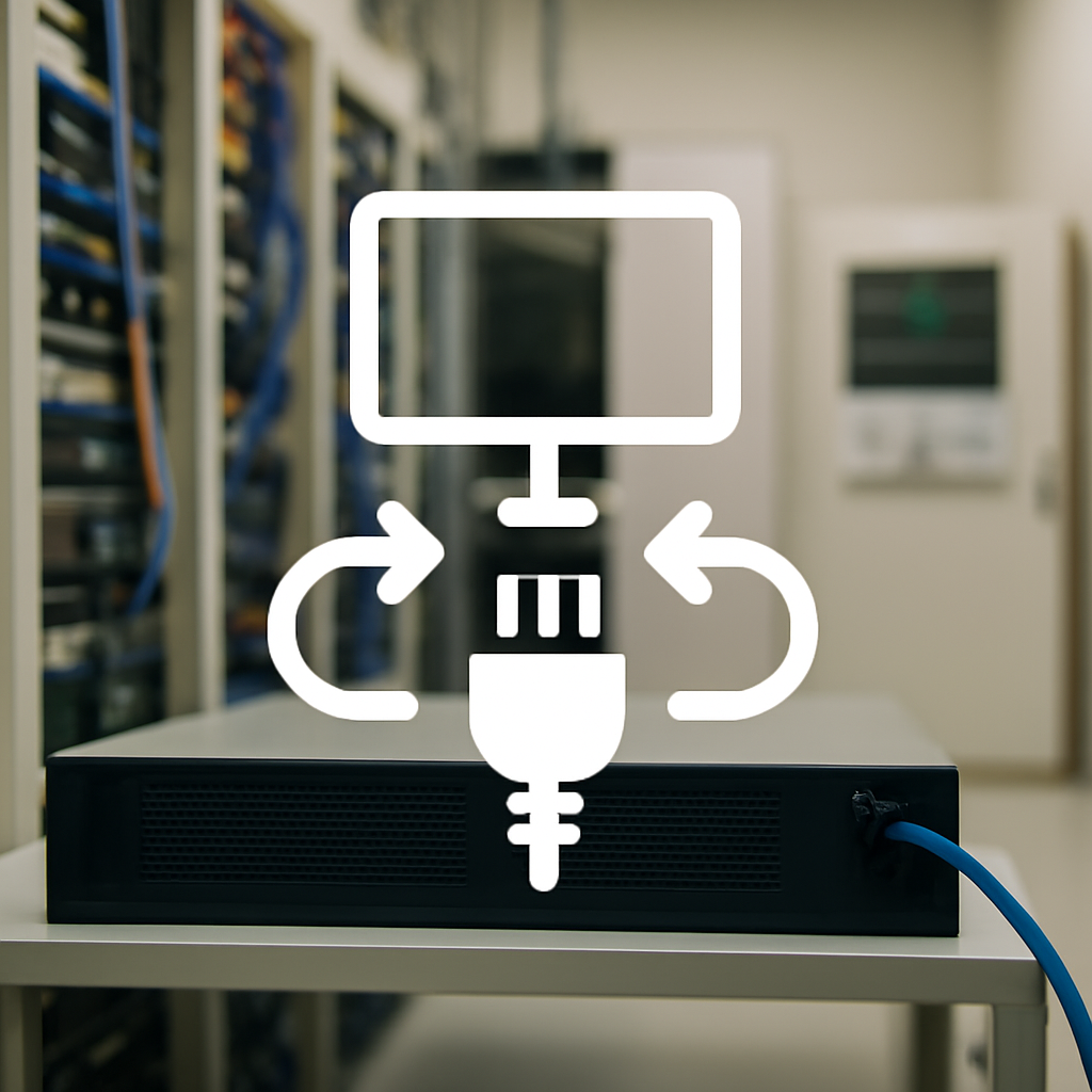Server room with equipment racks and a single device in the foreground connected via network cable.