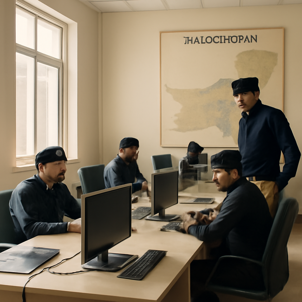 Police officers work at desks in a brightly-lit station with a large map of Balochistan on the wall.