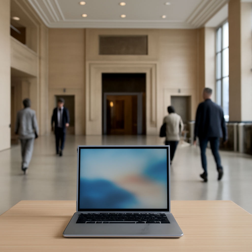 Government ministry building lobby with laptop screen in foreground.
