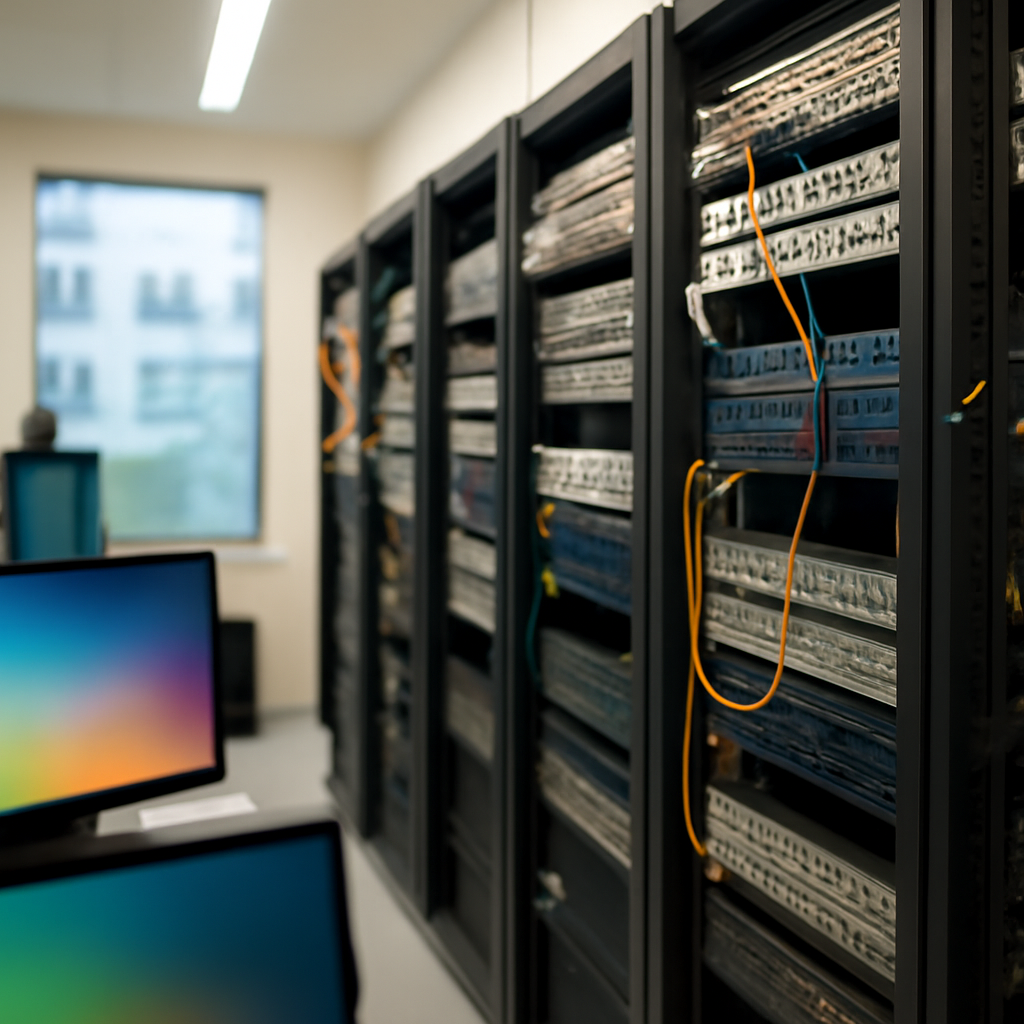 Rows of equipment racks and patch panels in a brightly-lit office network closet.