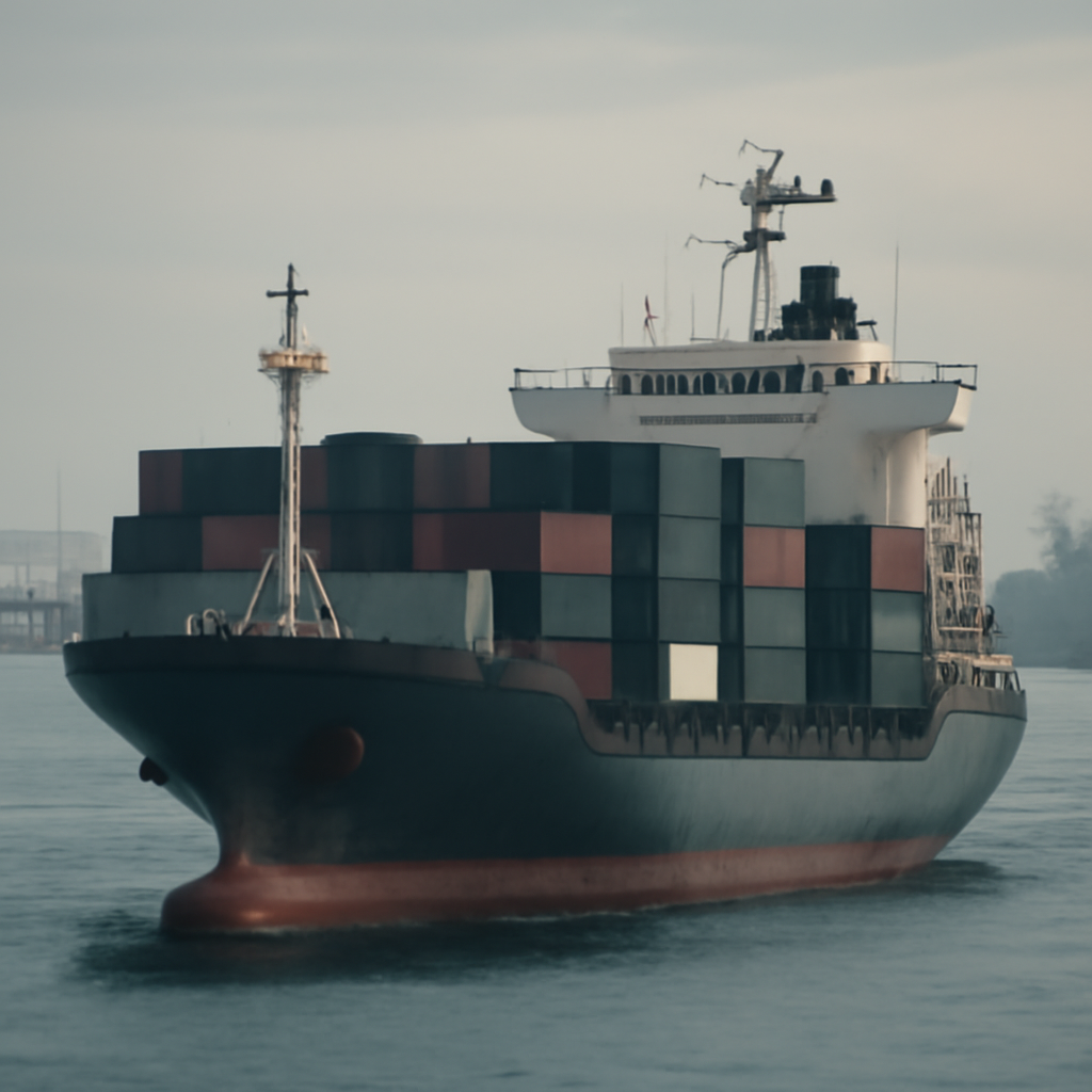 Cargo vessel at sea with subtle hints of electronic equipment on deck.