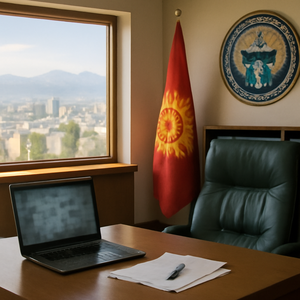 Government ministry office with laptop, papers, and cityscape view through large window.