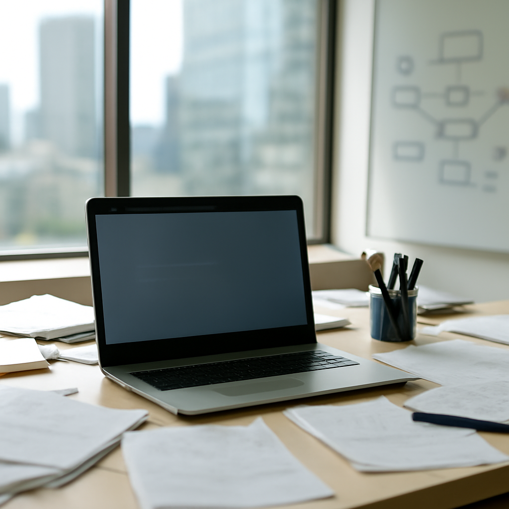 Cluttered office desk with computer and papers, cityscape visible through window.