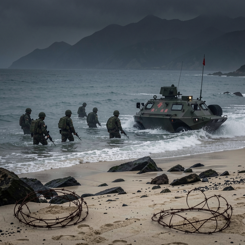 Chinese soldiers in camouflage emerge from the sea, wading towards a rocky beach with a military vehicle in the foreground.