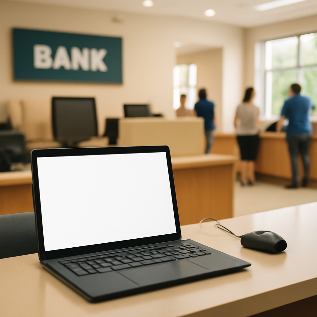 Bank interior with computer workstation and blurred teller desk in foreground, and softly-focused lobby with customers in…