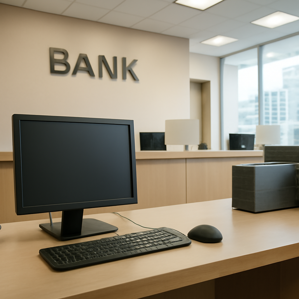Bank interior with computer workstation and city view through large window.
