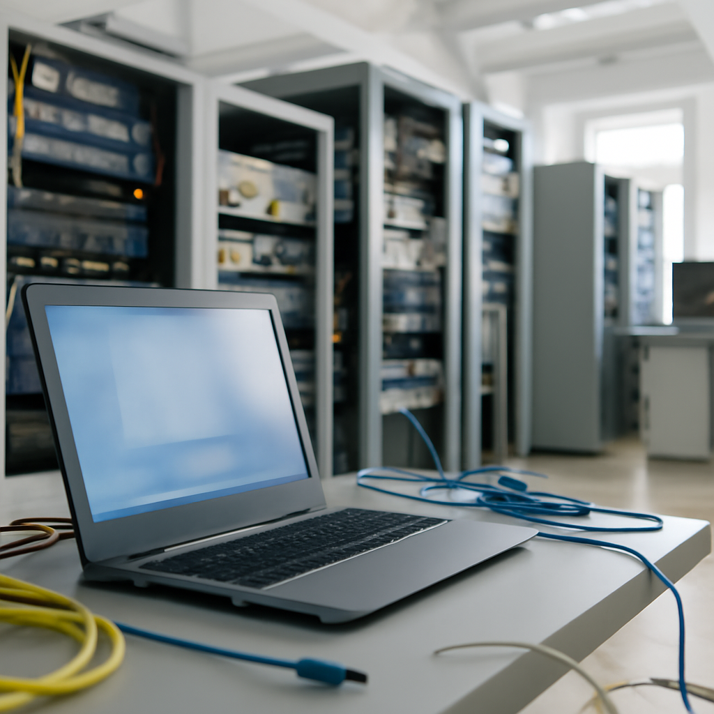 Modern industrial facility with networking equipment and computer terminal.