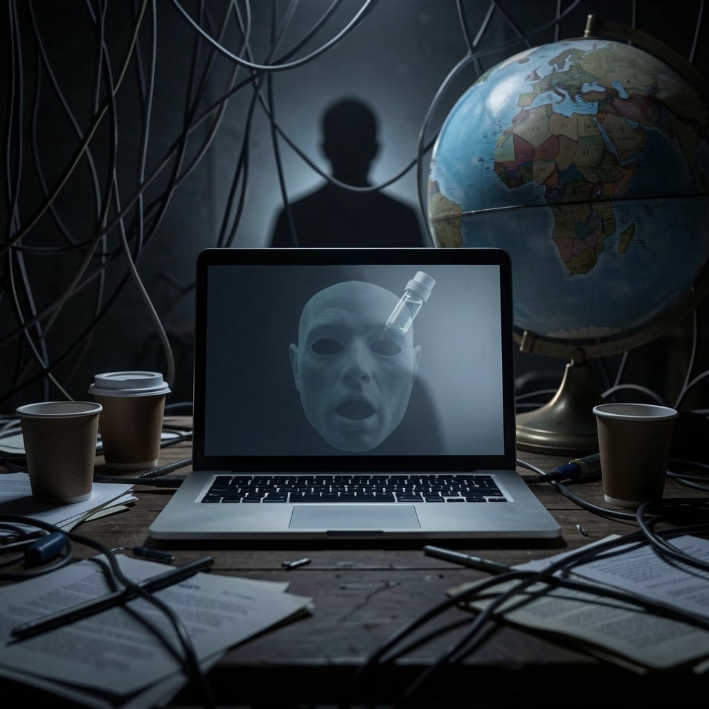 Dimly lit laptop screen glows on cluttered workspace with globe and papers, faint medical symbol superimposed.
