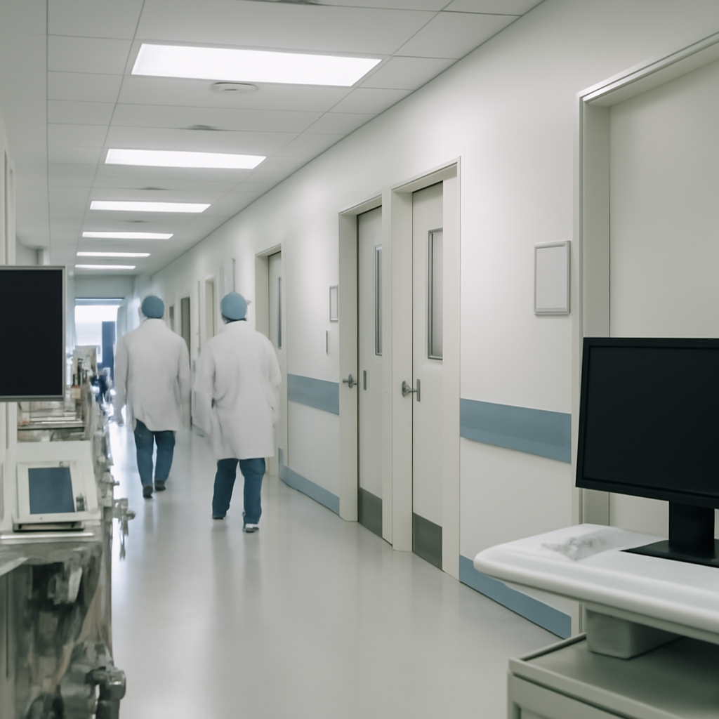 Brightly-lit hospital corridor with medical equipment, computers, and researchers in the distance.