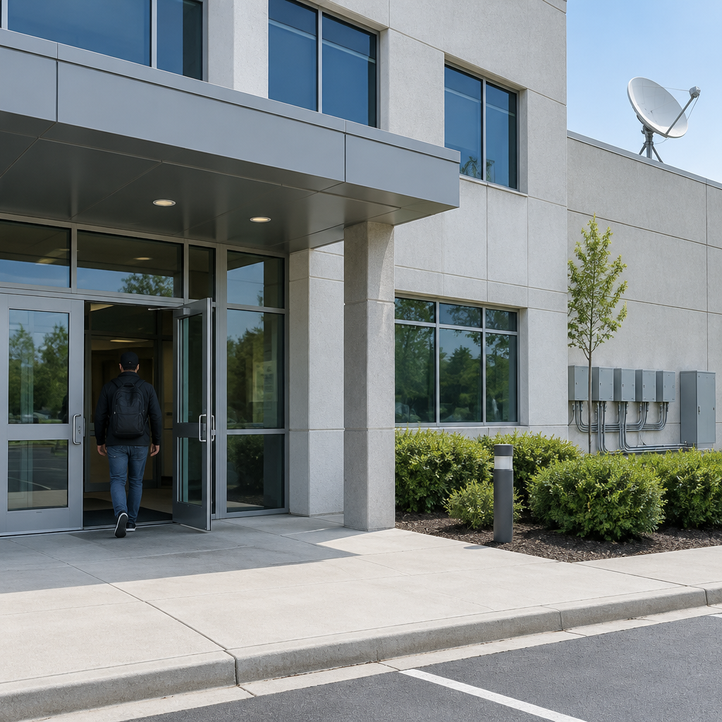 Generic office building exterior with subtle network connectivity hints.