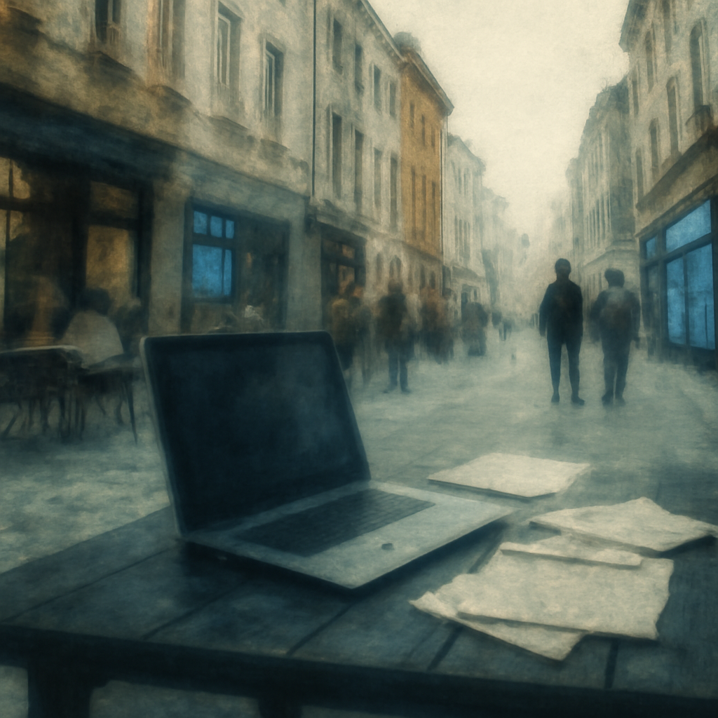 European city street with tech hints and blurred laptop in foreground.