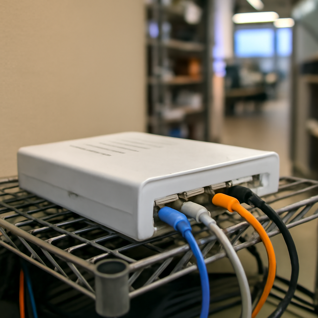 Unpatched Ruckus router mounted on a rack in a small business office setting.