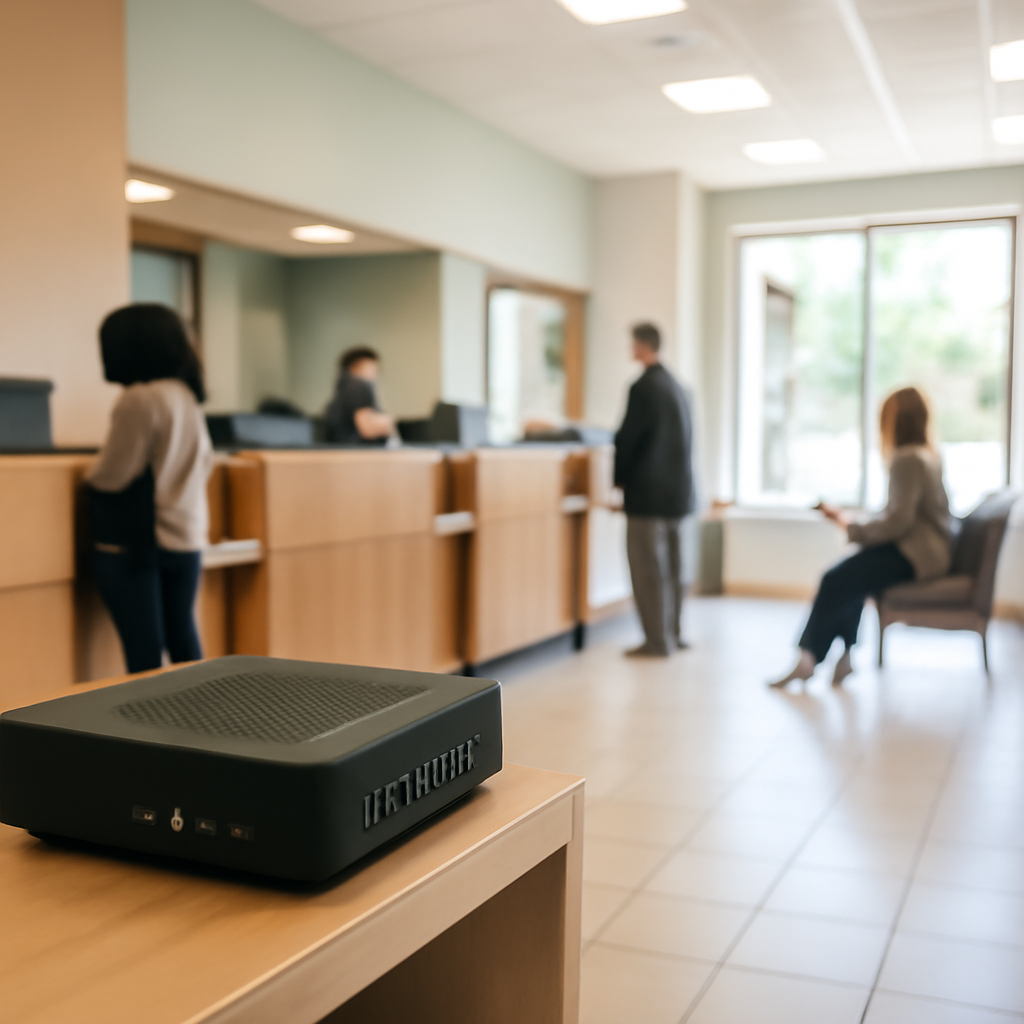 Bank lobby with customers and employees, subtle computer equipment in foreground.