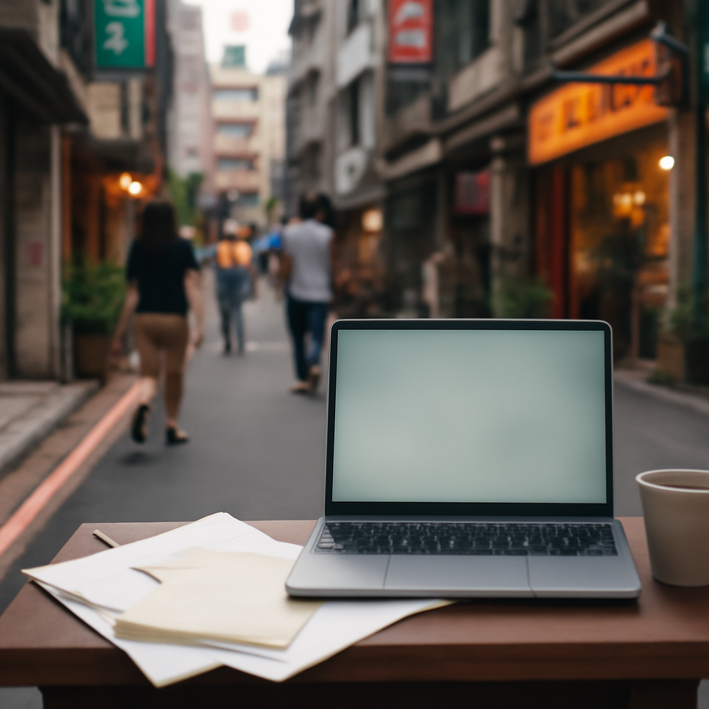 A city street scene with a laptop on a small table, scattered papers, and a cup of coffee nearby.