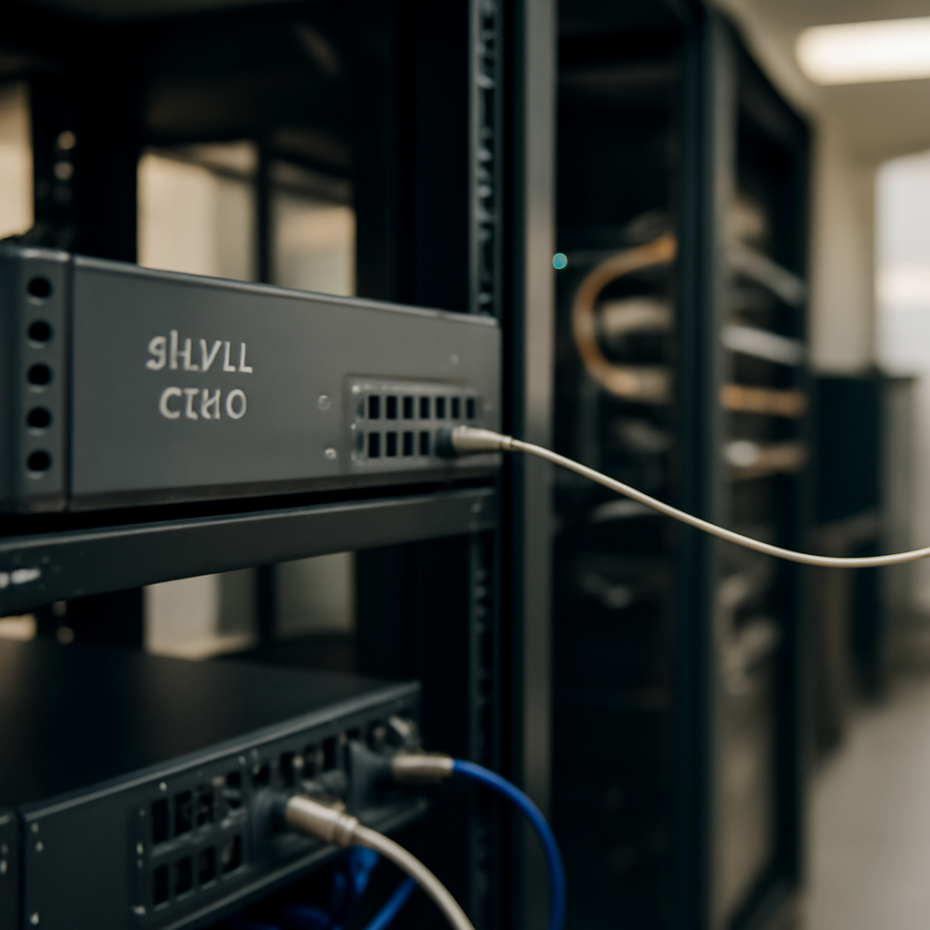 Network devices and cables in a data center with a Cisco router and a single cable leading to a patch panel.
