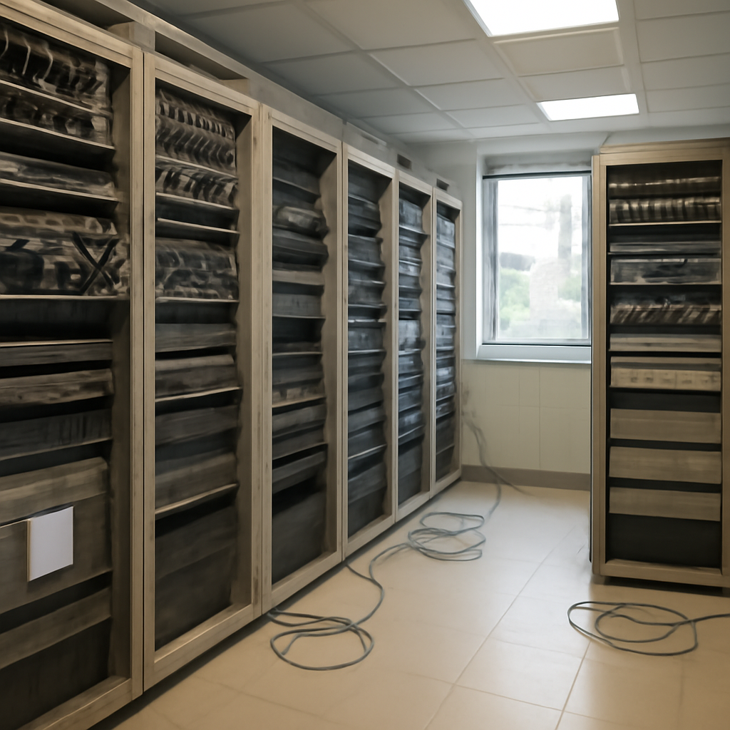 Network equipment room with disconnected cables and blank screen displays.