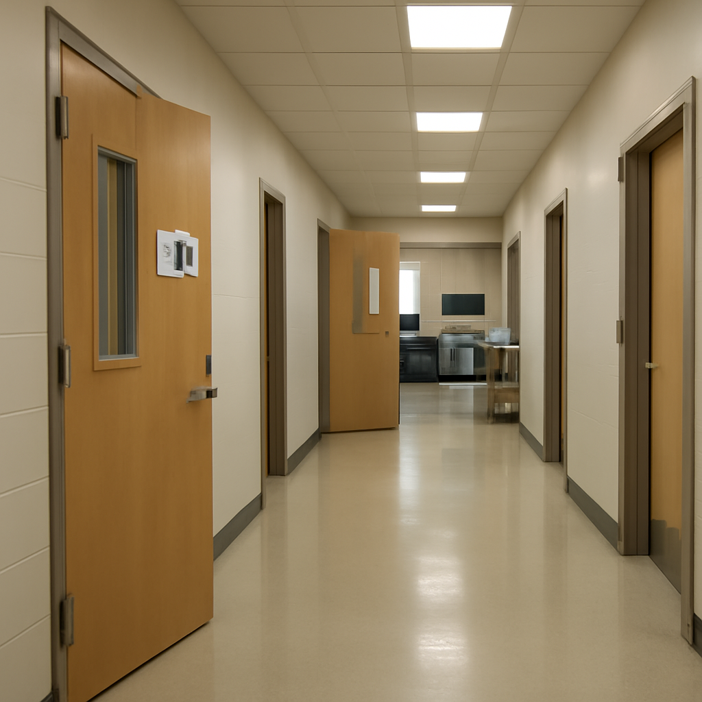 Empty university hallway with slightly ajar doors, computer terminals, and research equipment.