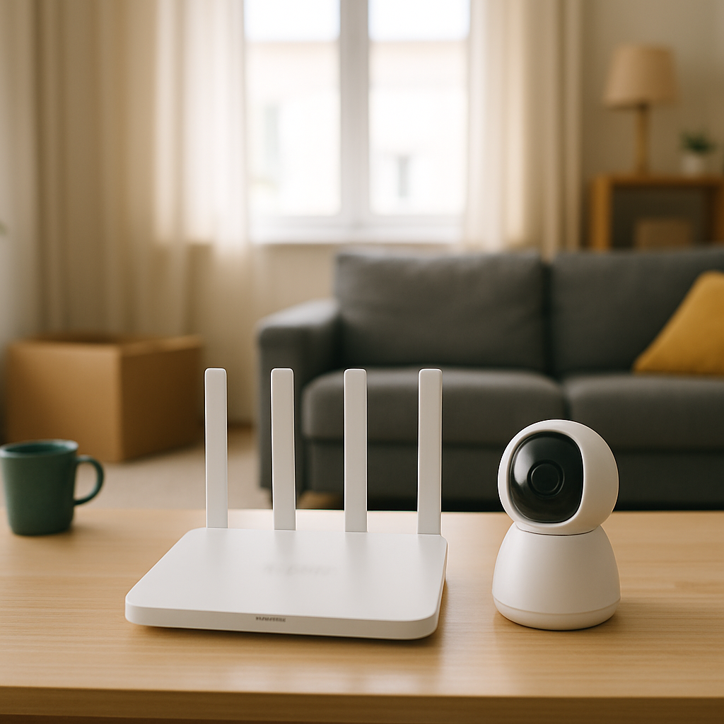 Living room with router and smart device on coffee table near window.