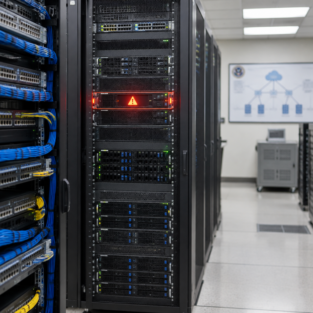 Server room interior with rows of equipment, one server highlighted with a red alert indicator.
