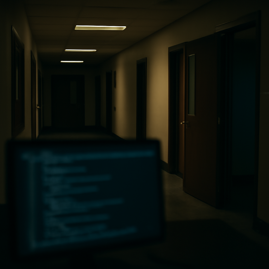 Dimly lit hallway with doors ajar, computer screen in foreground showing subtle code hints.