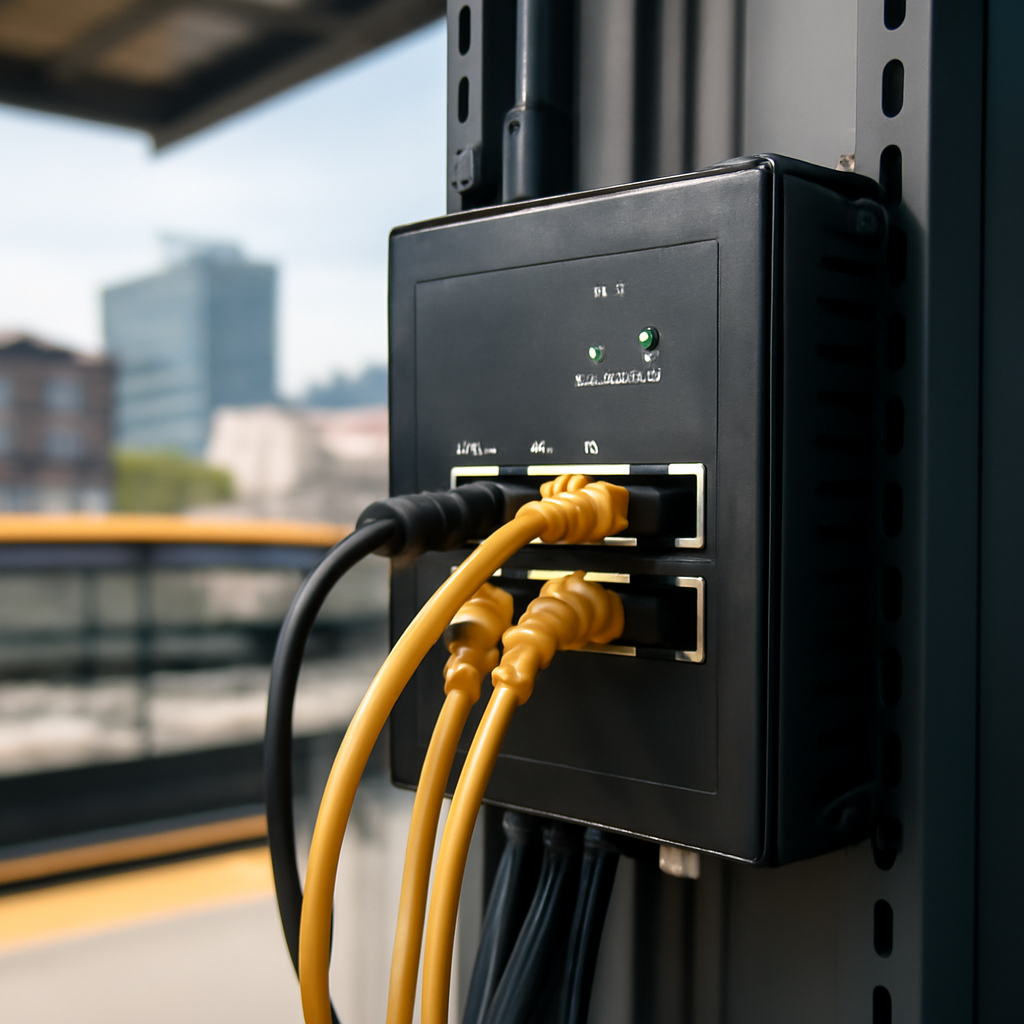 Rack-mounted router or industrial controller with indicator lights and cables in an urban industrial setting.