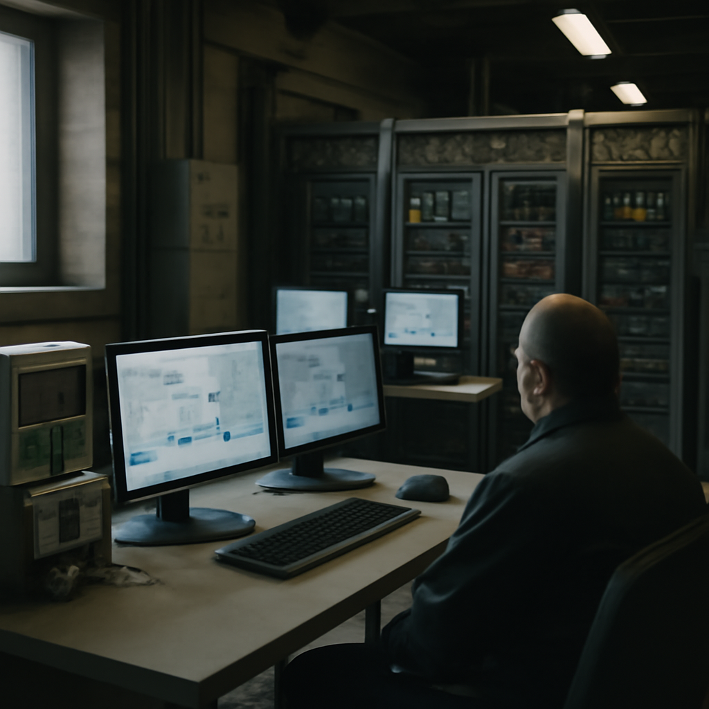 Dimly lit control room with computer screens and industrial systems hinting at hidden network presence.