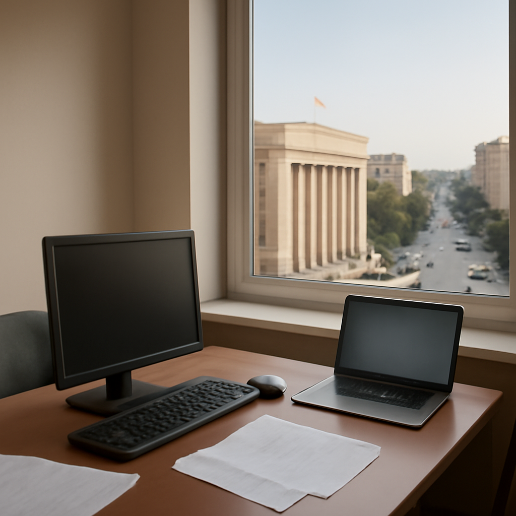 Government ministry building with office desk and computer in foreground.