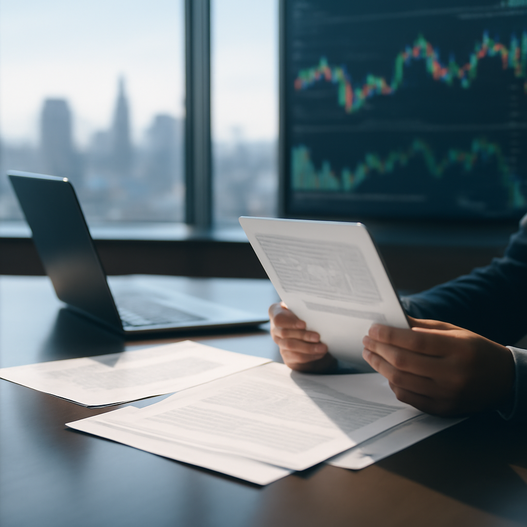 Hands on a laptop at a modern desk in a brightly-lit financial setting.